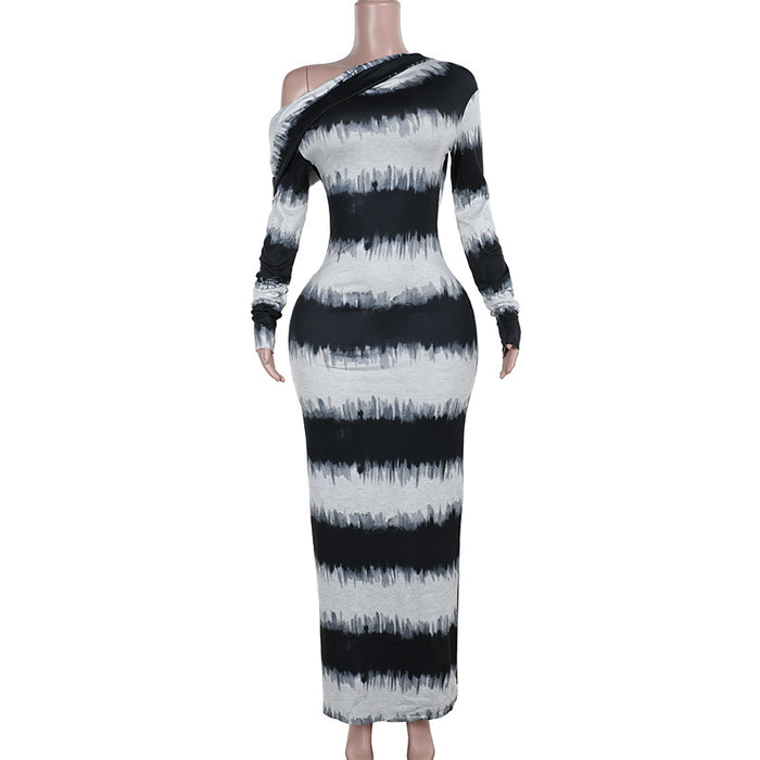 Autumn Blooming Black White Striped Asymmetric Shoulder Cascading Collar Long Sleeve Dress Women