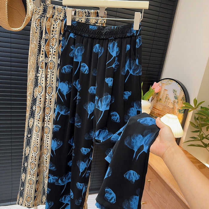 Ethnic Blue Printed Wide Leg Pants Women Summer High Waist Slimming Pants Loose All Matching Casual Pants