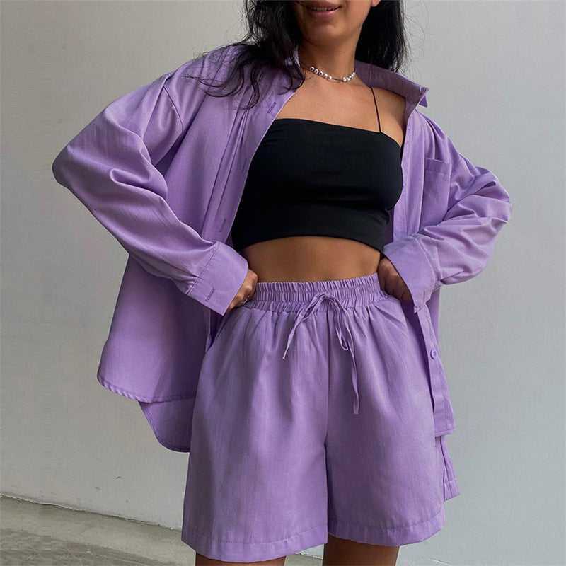 Casual Home Wear Set Spring Summer Women Long Sleeved Shirt Top Straight Shorts Two Piece Set
