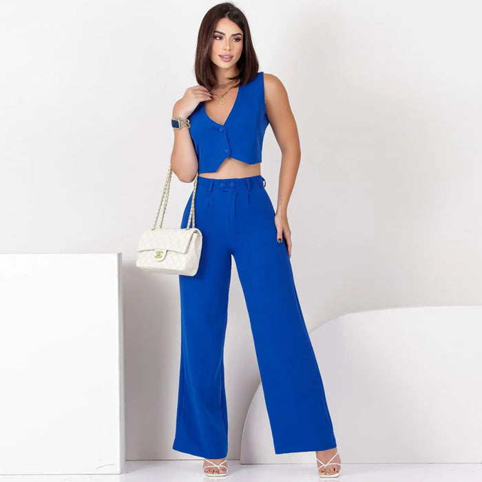 Casual Set Women Solid Color Sleeveless Cropped Women Loose Trousers Two Piece Set