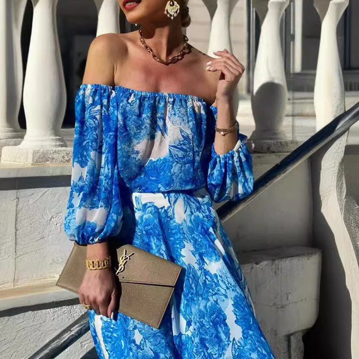 Spring Summer off Shoulder Printing High Waist Elegant Dress Women