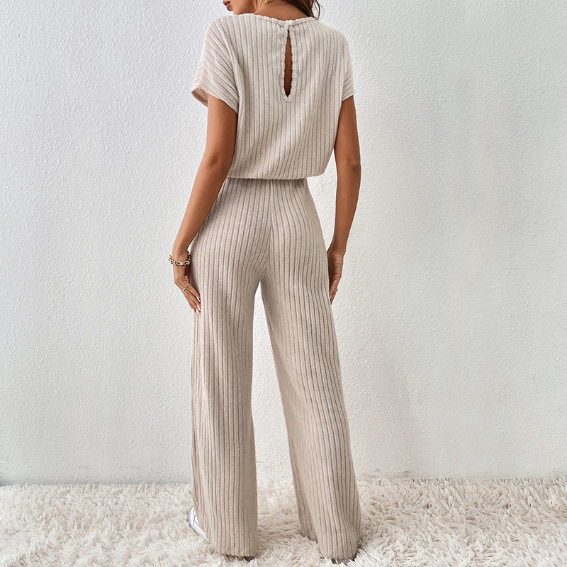 Round Neck Solid Color Knitted Top Trousers Two Piece Set