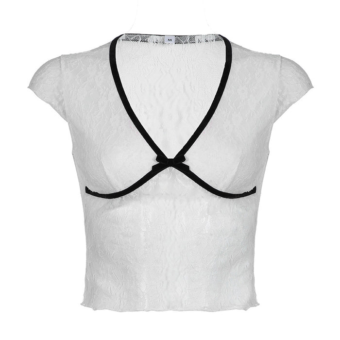 Fresh Girl Lace Bow Stitching Sexy V neck See through Contrast Color Fit Flying Sleeves T shirt