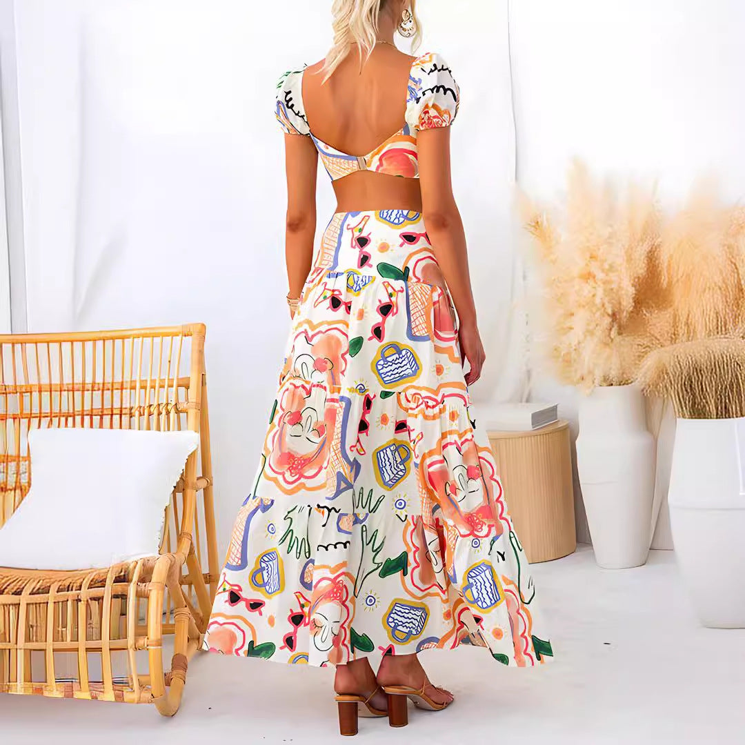 Summer Printed Top Wrapped Chest Skirt Two Piece Suit