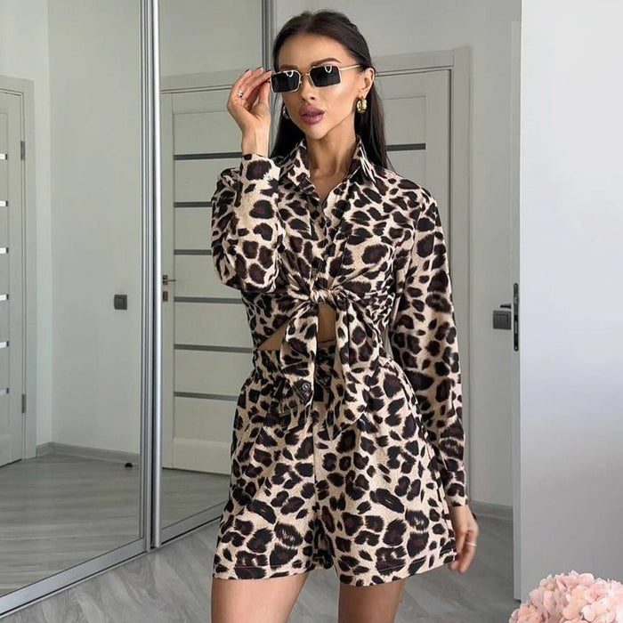 Summer Women Leopard Print Long Sleeve Cardigan Shirt Women Shorts Women Two Piece Set