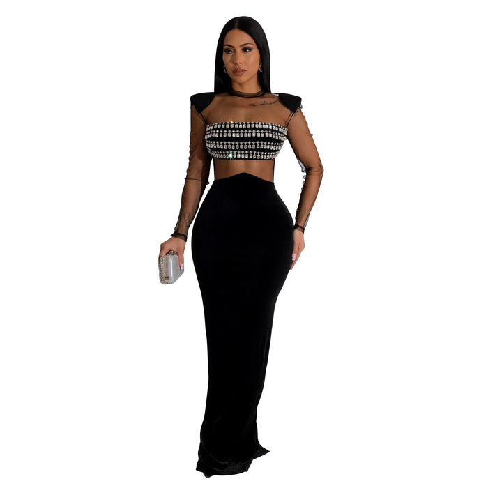 Women Wear Solid Color Mesh Rhinestone Long Sleeve Dress Dress