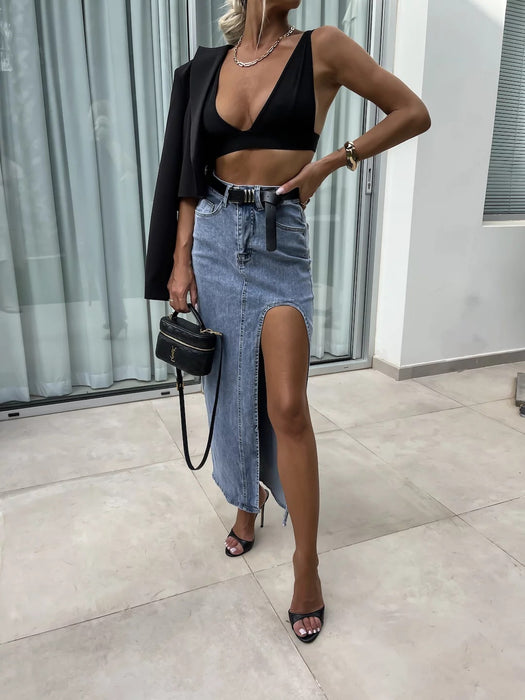 Street Retro Women High Waist Irregular Asymmetric Slit Denim Skirt