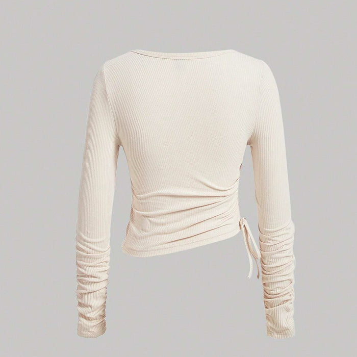 Drawstring Ruffle Long Sleeved T shirt for Women Autumn Pure Slim Slimming Stretch Square Collar Bottoming Shirt Top