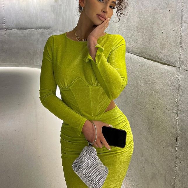 Suit Sexy Long Sleeved Tight Top Pleated Hip Skirt Casual Two Piece Suit Women