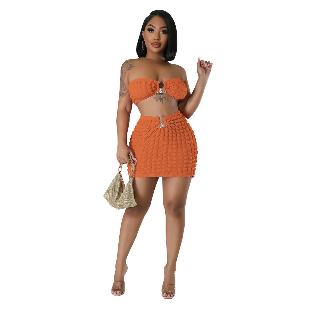 Women Clothing Popcorn Sexy Cropped Wrapped Chest Short Skirt Bubble Two Piece Set