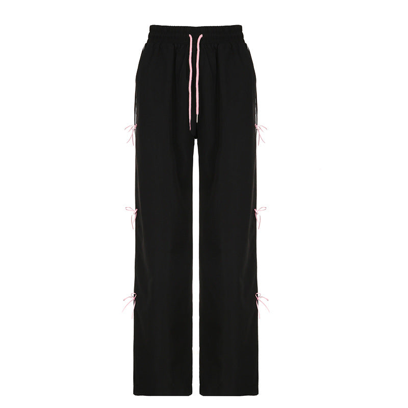 Street Sweet Spicy Wear Loose Woven Pants Personality Bow Stitching Wide Leg Slimming Show Casual Trousers for Women