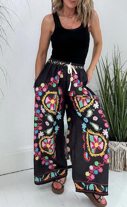 Spring Summer Lace Up Imitation Denim Printed Pocket Loose Casual Pants Women