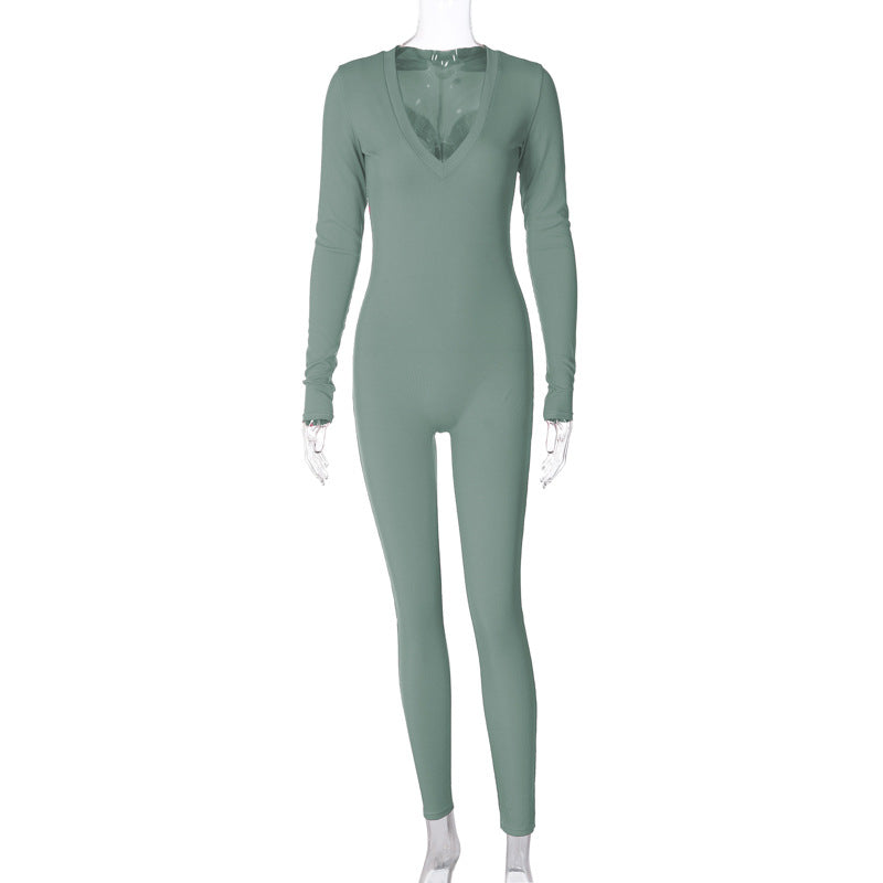 Women Clothing Spring Solid Color Slim Sports Long Sleeve Jumpsuit