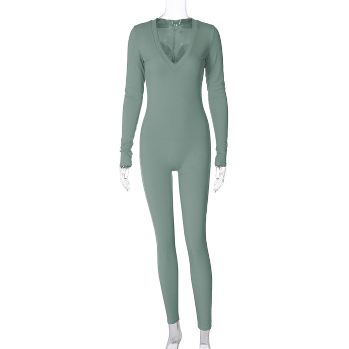 Women Clothing Spring Solid Color Slim Sports Long Sleeve Jumpsuit