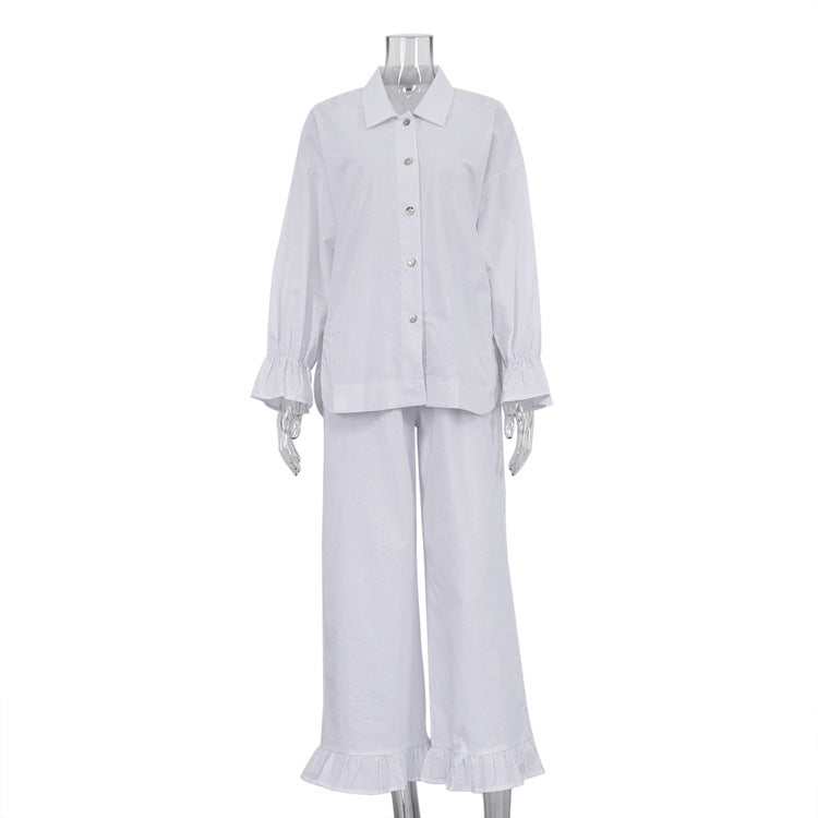 French Design Bell Sleeve Shirt Trousers Two Piece Cotton Casual Suit for Women Spring Autumn