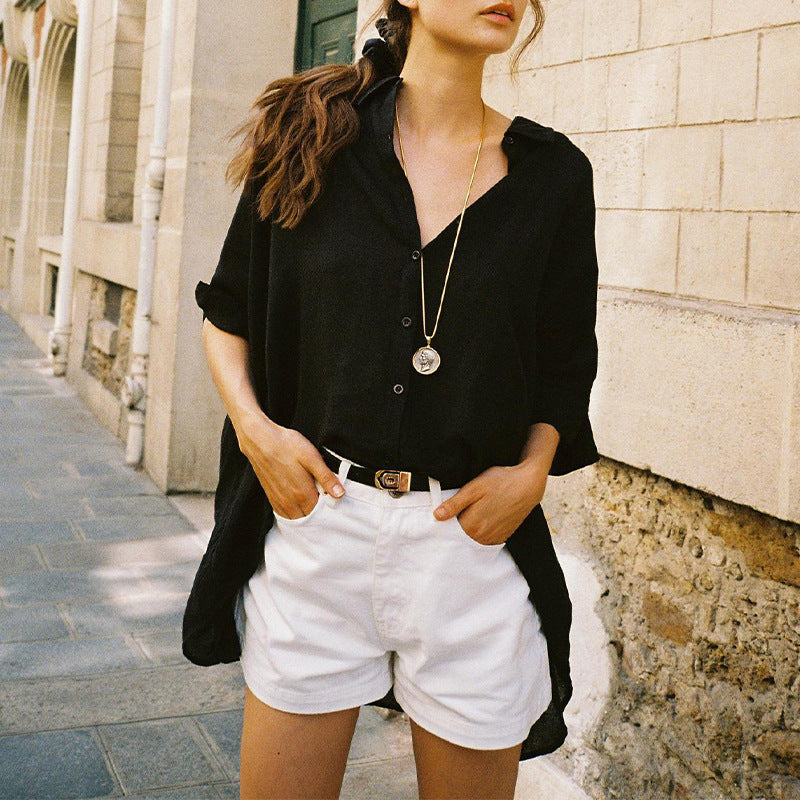 Pure Linen Shirt Women Summer Loose Half Sleeve Shirt Casual Office Wind Front Short Back Long Design Jacket