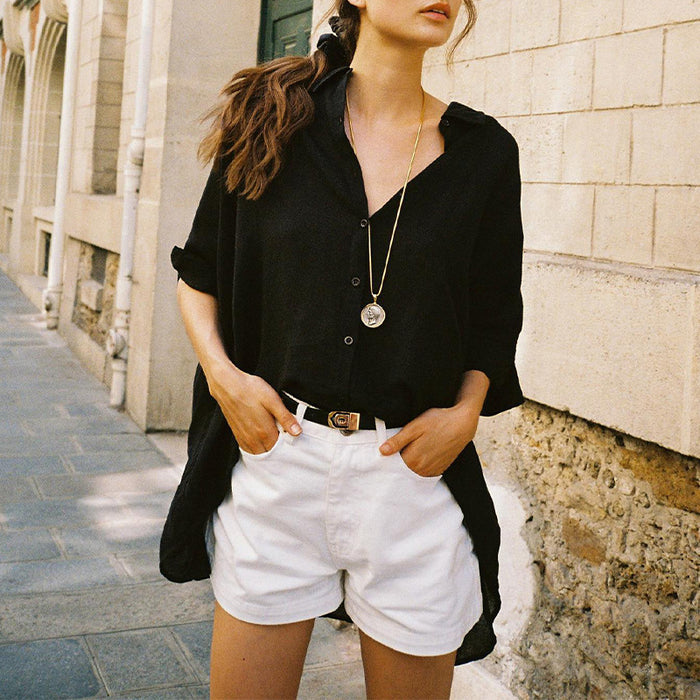 Pure Linen Shirt Women Summer Loose Half Sleeve Shirt Casual Office Wind Front Short Back Long Design Jacket