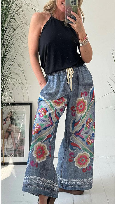 Spring Summer Lace Up Imitation Denim Printed Pocket Loose Casual Pants Women