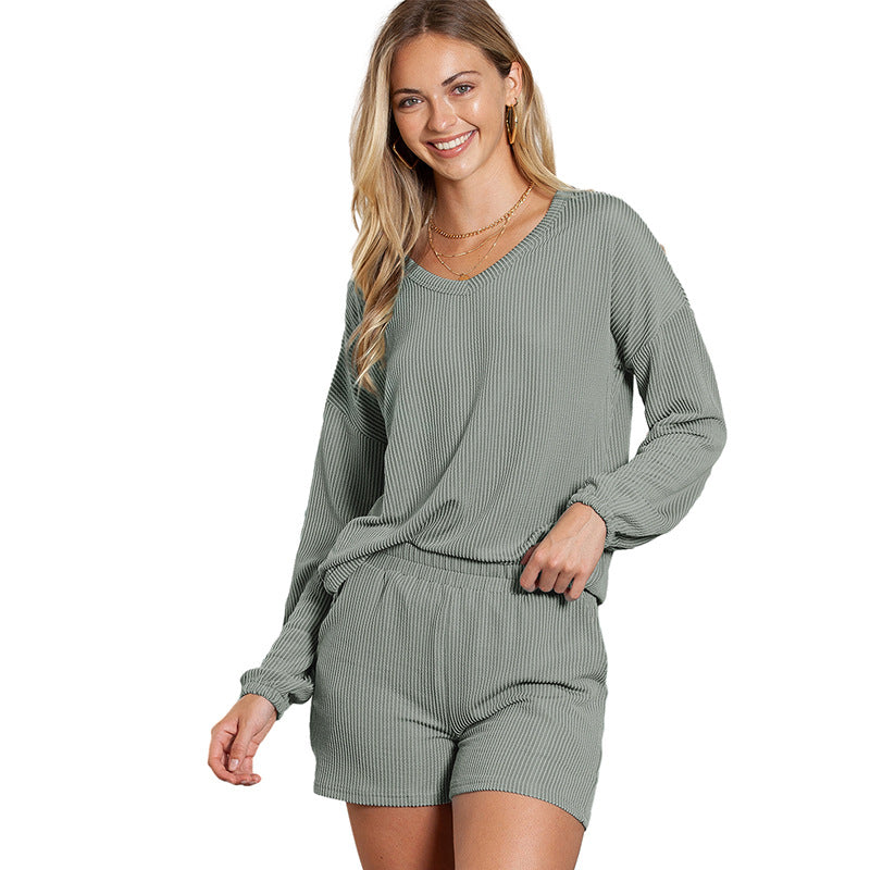 Casual Suit Women Autumn Solid Color V neck Loose Long Sleeve Sports Two Piece Set Women