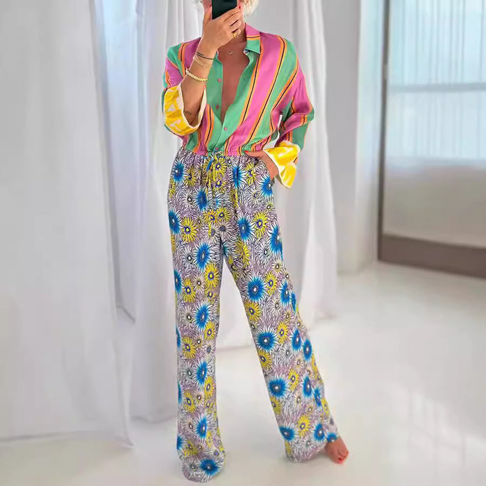 Printed Jumpsuit Internet Celebrity Same Vacation Long Sleeve Shirt Stitching Jumpsuit Women