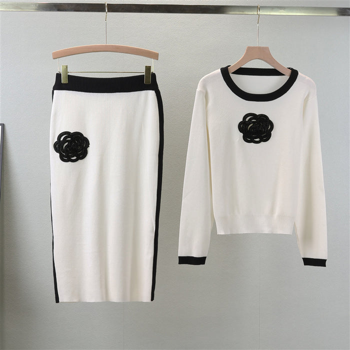 Spring Autumn Camellia Knitting Suit Women Crew Neck Top with Contrast Color Hip Skirt