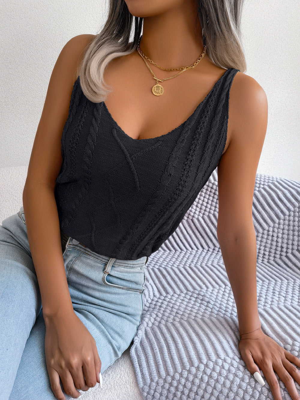 Spring Summer Casual V neck Twist Cutout Top Holiday Knitwear Women Clothing