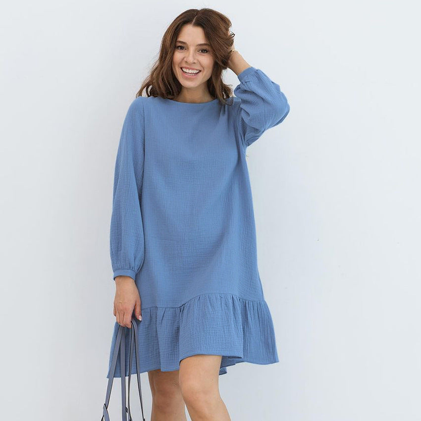 Autumn Winter Blue Color Cotton Long Sleeved Nightdress Comfortable Ladies Homewear