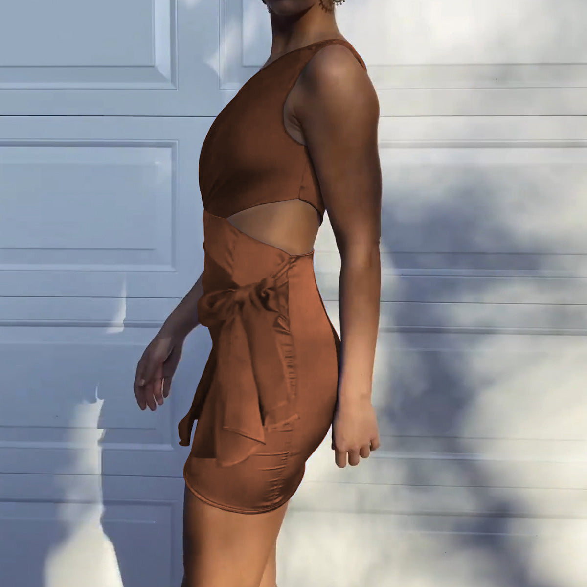 Summer Sexy Diagonal Collar Cami Dress Hollow Out Cutout Sheath Slim Fit Irregular Asymmetric Dress