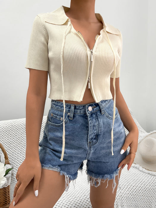 Women Bow Zipper Short Sleeved Knitted Top