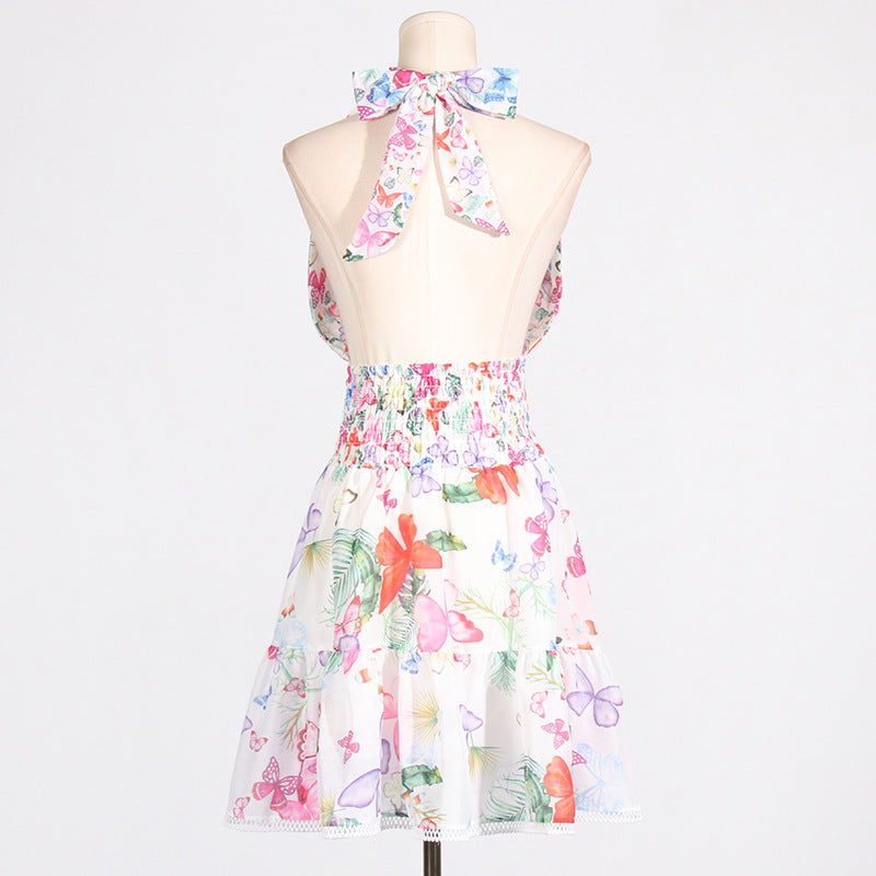 Retro Printed Vacation Summer Halter Design Deep V Plunge neck Sleeveless Short Dress for Women
