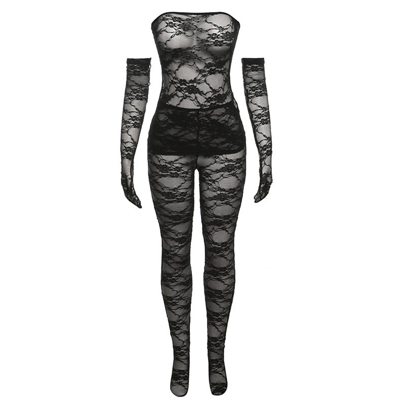 Fall Women Clothing Sexy Lace Tube Top High Waist Tight Body Stocking Trousers Suit Women