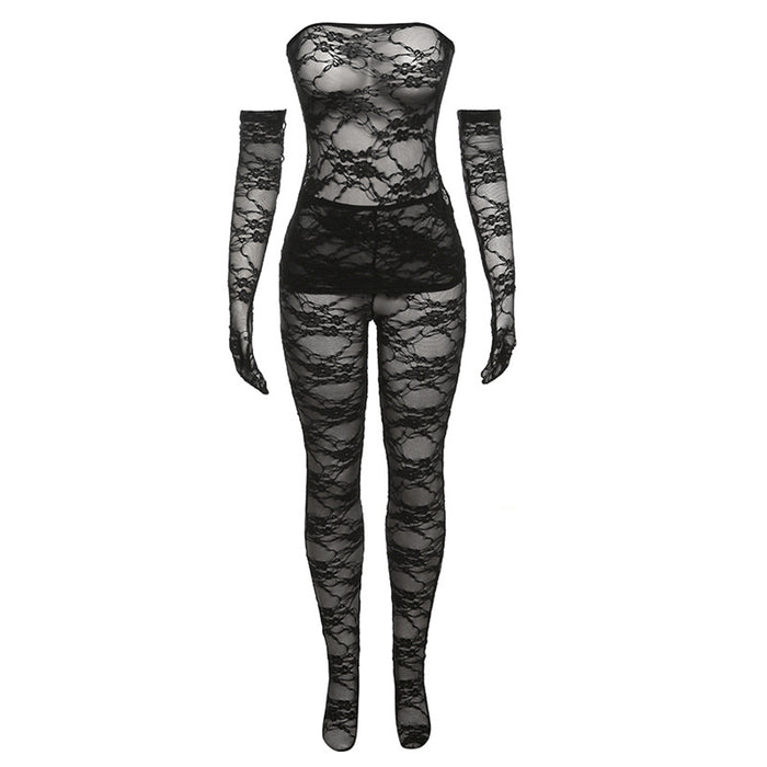 Fall Women Clothing Sexy Lace Tube Top High Waist Tight Body Stocking Trousers Suit Women