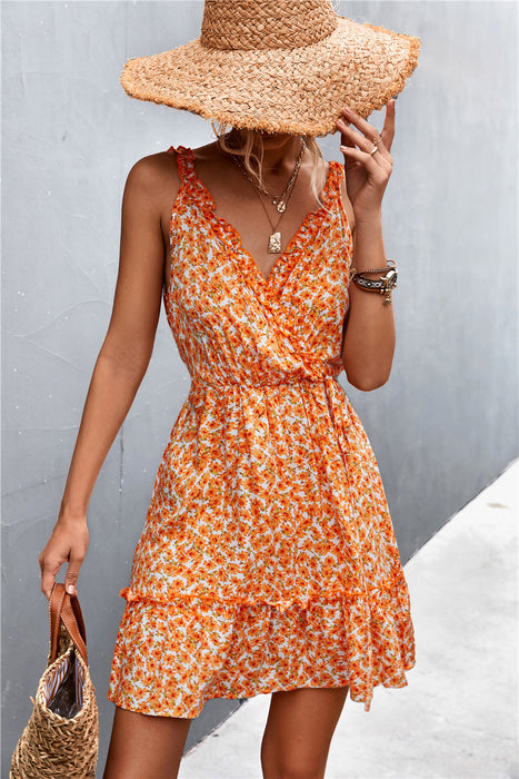 Spring Summer V-neck Lace-up Ruffled Floral Strap Dress