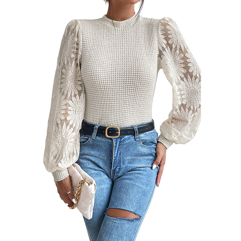 Office Lace Stitching Hollow Out Cutout Pullover Women Autumn Slim Fit Slimming Sweater Women