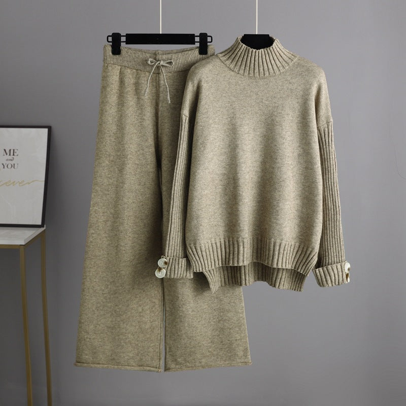 Autumn Winter Knitting Suit Women Trendy Semi-High Collar Sweater Thickened Outer Wear Loose two piece set