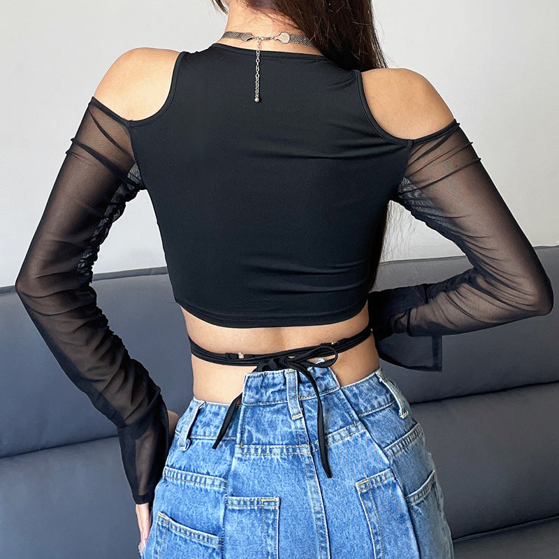 Spring Women Clothing Sexy V Neck Off The Shoulder Hollow Out Cutout Out Mesh Long Sleeve Cross Lace Up Top T Shirt