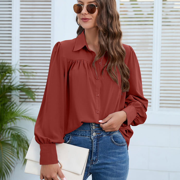 Women Clothing Spring Autumn Chiffon Shirt Women Shirt Pleated Long Sleeved Top Women