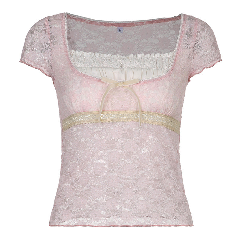 Spring Women Clothing Pink Sweet Lace Stitching Square Neck T shirt Bow Sexy Sexy Top