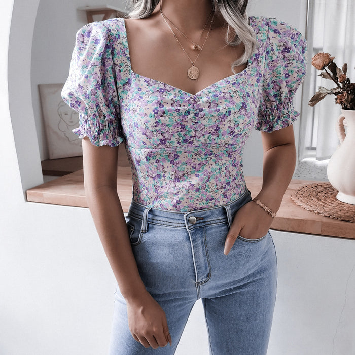 Summer Casual Lantern Sleeve Square Collar Sexy Floral Chiffon Estampado Floral Blouse Top Women Clothing Blusas