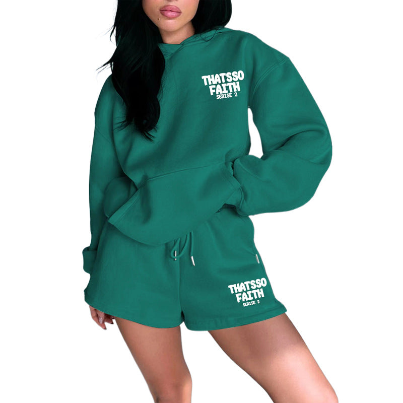 Autumn Winter Solid Color Letter Graphic Print Sweatshirt Women Loose Shorts Set