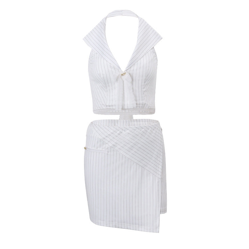 Spring Elegant Striped Bow Short Halterneck Vest Slim Fit Cropped Hip Skirt Set