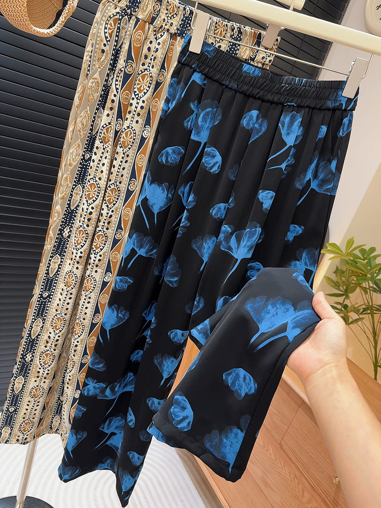 Ethnic Blue Printed Wide Leg Pants Women Summer High Waist Slimming Pants Loose All Matching Casual Pants