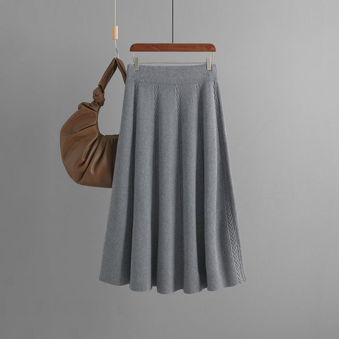 Mid Length Autumn Winter Draping Effect A line Khaki Knitted Skirt Women Winter Sweater