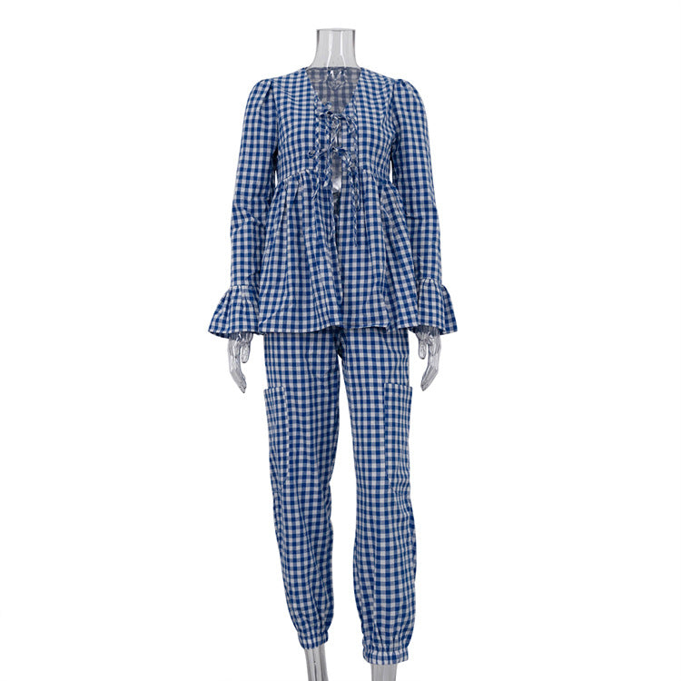 Women Clothing Spring Wear a Set of Sexy Lacing Long Sleeve Puffy Small Shirt Ankle Banded Pants Plaid Suit
