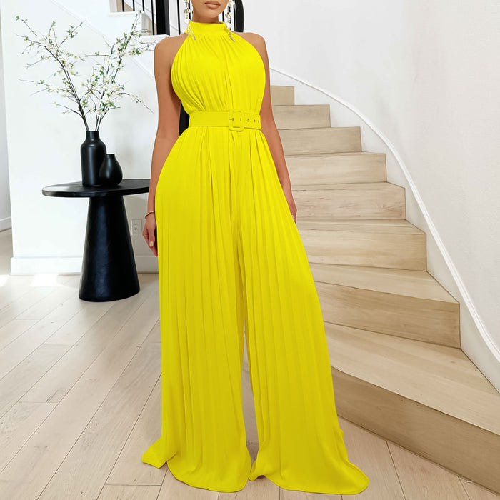 Summer Sexy Solid Color Sleeveless Sexy Wide Leg Pleated Wide Leg Jumpsuit