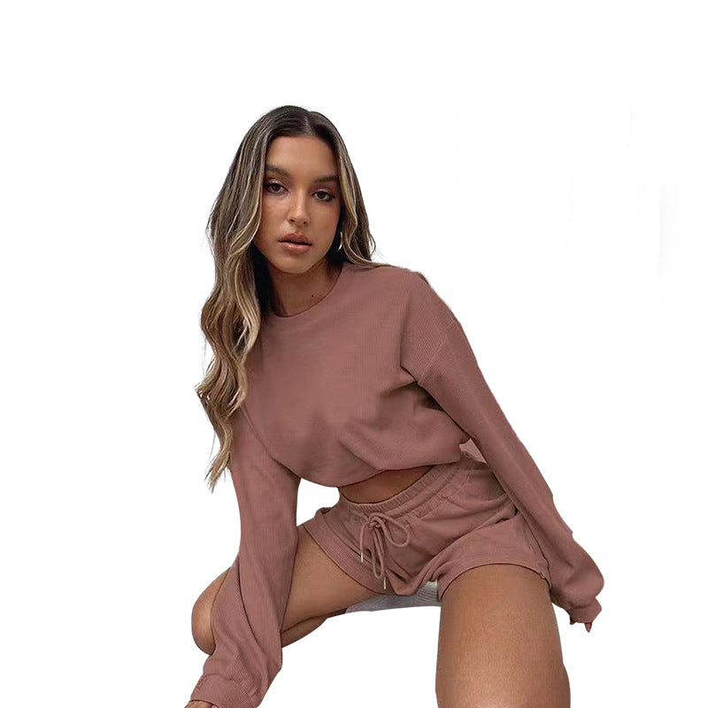 Autumn Winter Solid Color Loose round Neck Shorts Women Urban Casual Long Sleeve Sweatshirt Suit