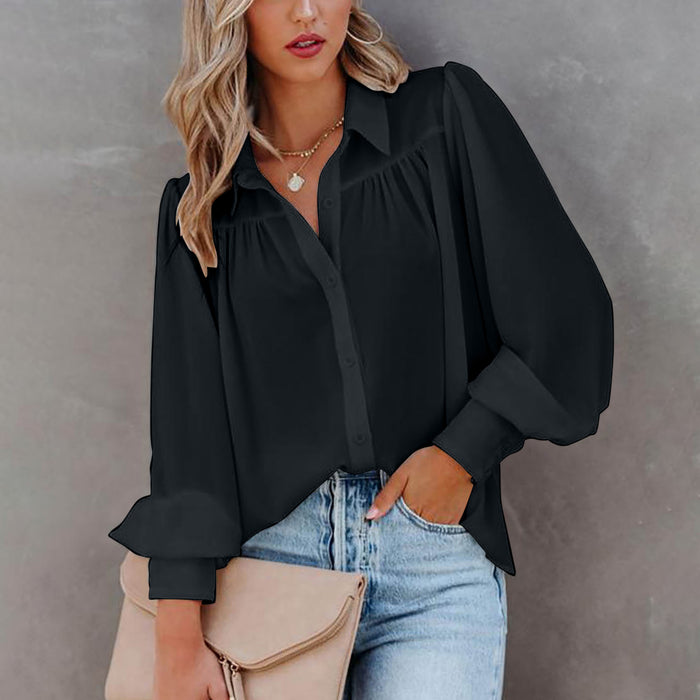 Autumn Winter Women Long Sleeved Chiffon Shirt Top Lantern Sleeve Pleated Loose Shirt Women