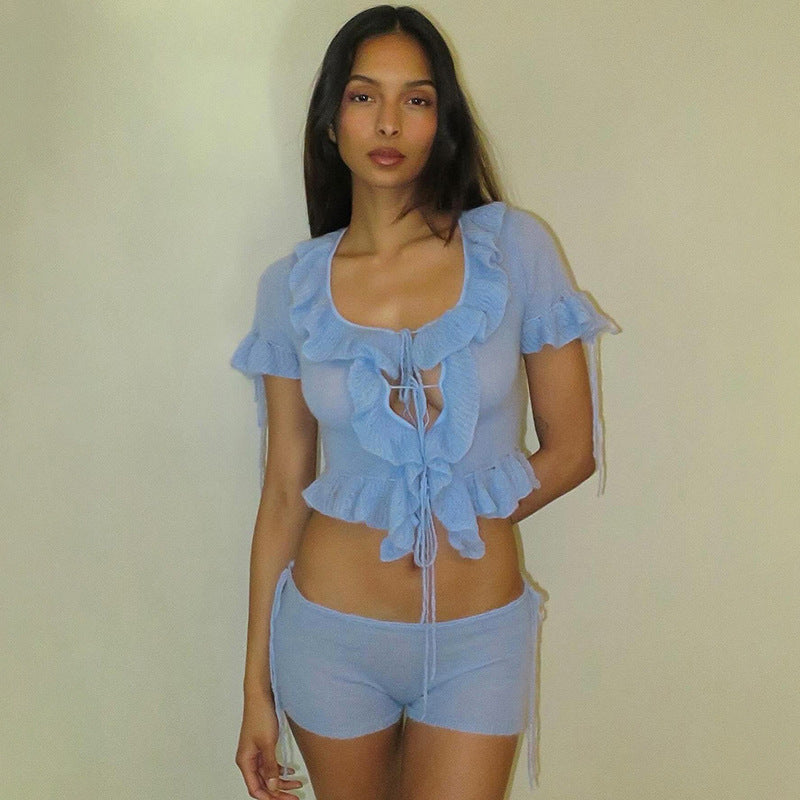 Women Clothing Summer Sexy Solid Color Lace Band Cropped Square Collar Short Sleeve Shorts Suit