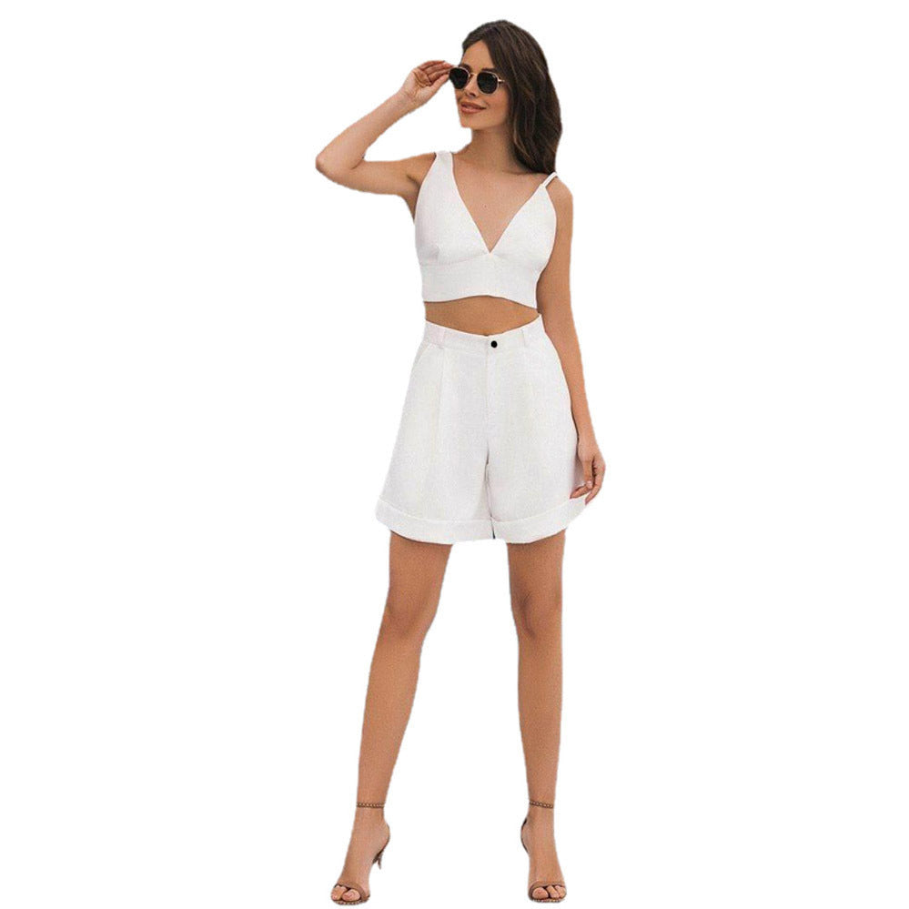 Spring Summer Women Solid Color Two Piece Tube Top High Waist Shorts Sets