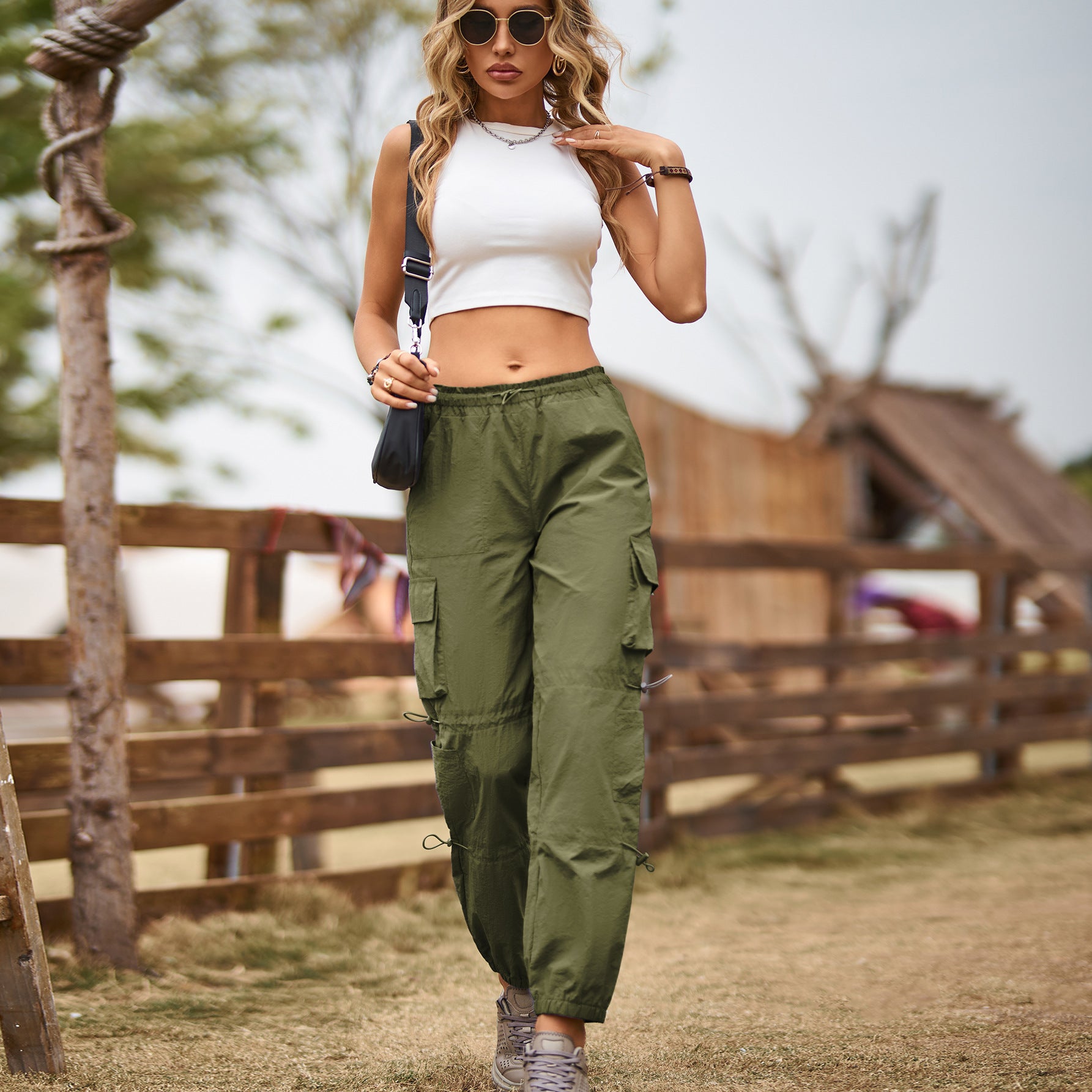 Multi Pocket Ankle Tied Lace Up Adjustable Straight Cargo Pants Casual Pants Women